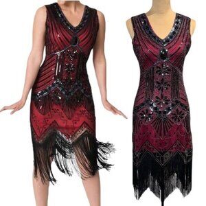 NWT Flapper Cocktail Dress Sz.S Red Black Sequin Beaded Tassels 1920s Gatsby